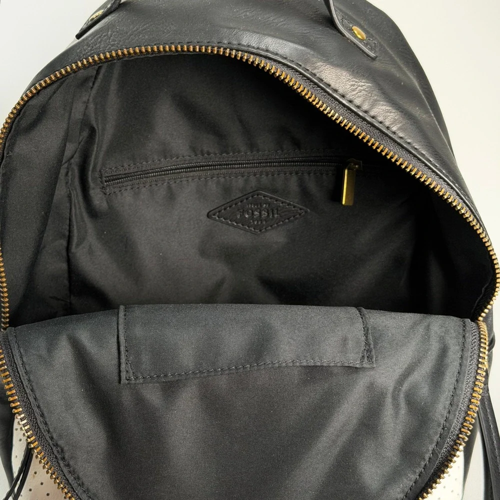 Fossil Megan Mini Backpack Women Small Black White Perforated Leather Stripe Bag